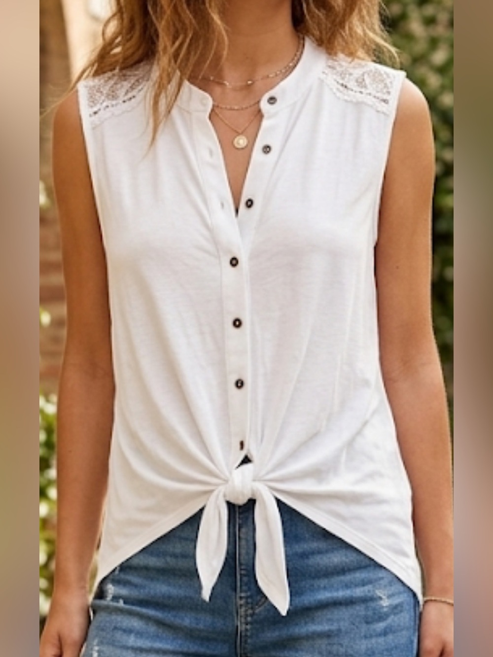 Blue Rain Sleeveless White Button-Tie Tank with Lace Shoulder Detail Size M